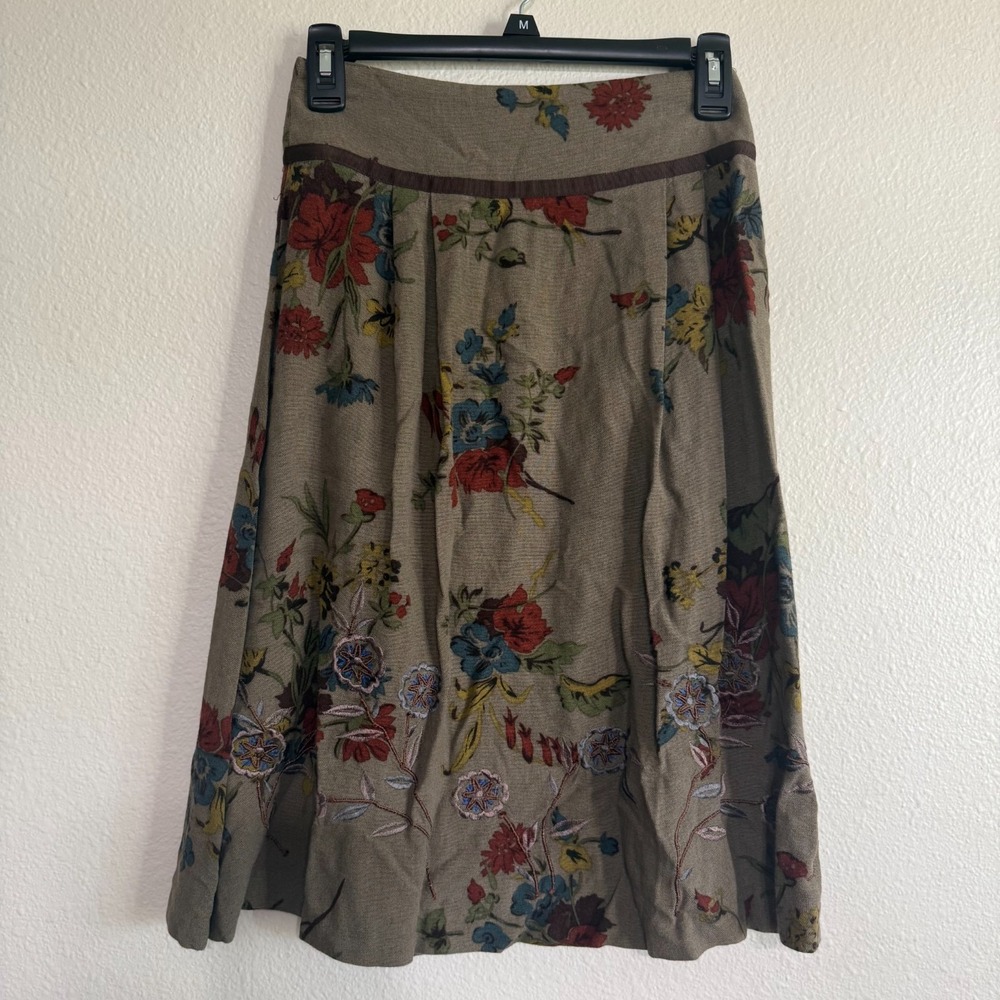 Cabi Pleated Skirt Women's 2 Brown Viscose Floral Embroidered Zipper Classic
